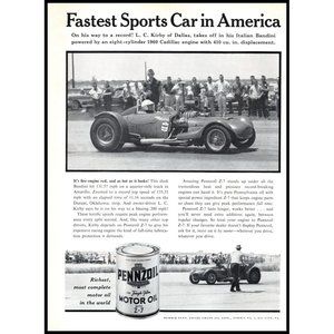 1961 Pennzoil Motor Oil Vintage Print Ad Bandini Roadster Cadillac Engine Art